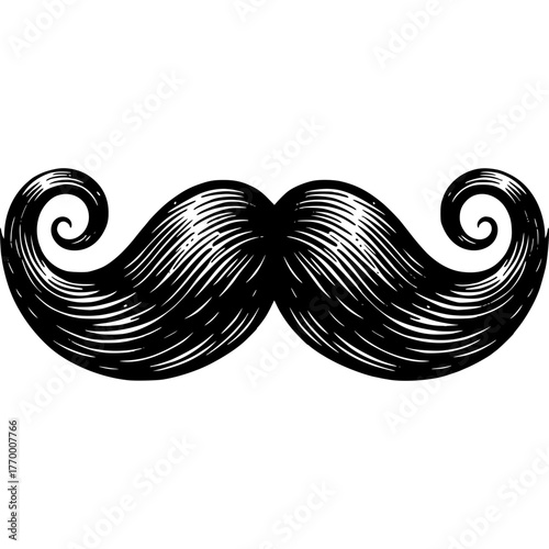 Iconic Mustache: A classic, intricately styled mustache, a symbol of masculinity and vintage charm, depicted in a sophisticated, monochrome illustration.