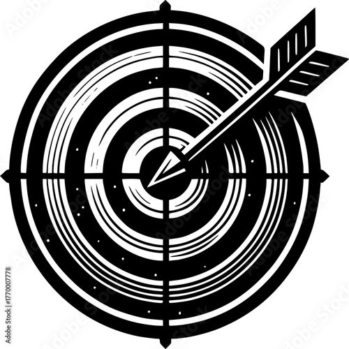 Bullseye Vision: An arrow precisely pierces the bullseye of a target, a symbol of focus, precision, and the attainment of goals. A graphical illustration of accuracy, strategy and ambition.