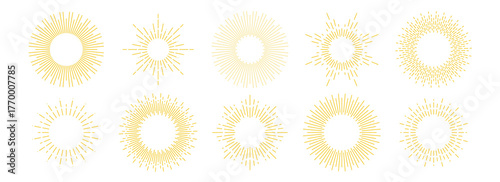 Golden sunburst frame collection. Retro gold radial sun light border set. Vintage sun beams or rays circle element pack for cadre, decor, label, badge, emblem. Vector yellow round boarder bundle