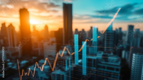 Abstract cityscape with rising stock chart overlaid