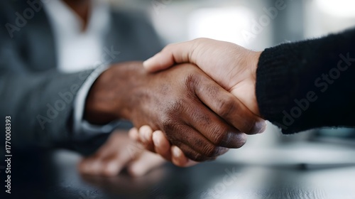 Diverse hands clasp in a handshake symbolizing a successful business agreement and partnership