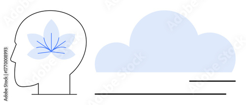 Human head outline with floral symbol inside, blue cloud alongside. Ideal for mindfulness, mental clarity, creativity, meditation, mental health, self-growth and inner peace. A simple flat metaphor