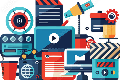 Creative video production and media concept with film clapper, play button, computer monitor, camera, and editing tools