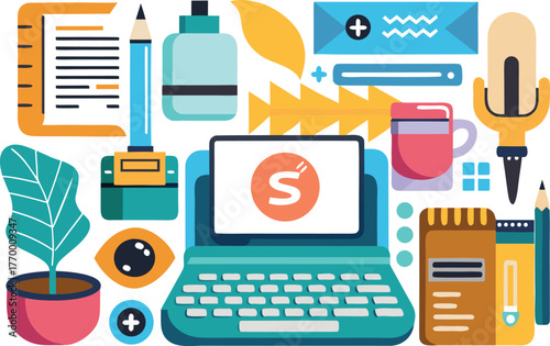 Modern workspace essentials for creative entrepreneurs, showcasing digital tools, stationery, and vibrant design elements