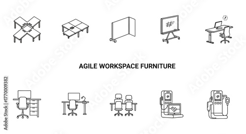 agile workspace furniture line icons depicting flexible office desks collaborative tables mobile whiteboards standing workstations and privacy panels for modern teamwork.