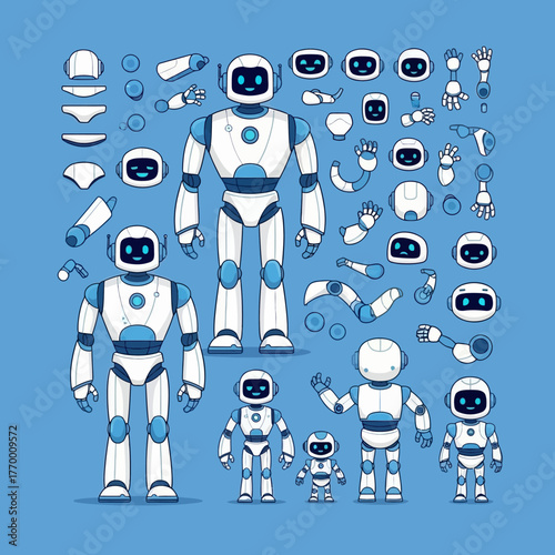 Collection of Robot Parts and Assembled Robots in Various Sizes.