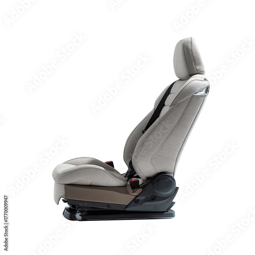 Car seat, side view, light gray upholstery, black safety belt