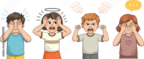 Cartoon Children Expressing Nervousness, Stress, Anger, and Hesitation, Joyful Mood, One-Panel Emotional Awareness Vector Illustration Design