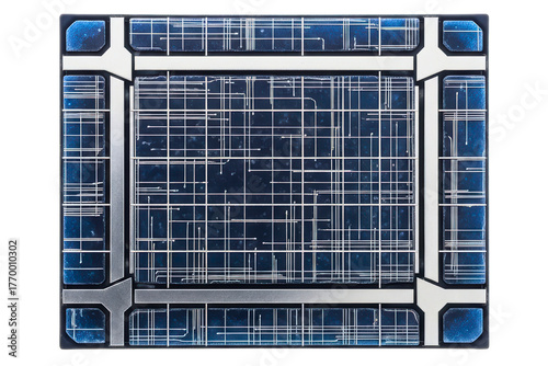 Close-up of a futuristic blue and silver computer processor chip isolated on a transparent background