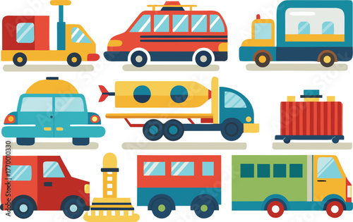 Colorful cartoon vehicles collection for children's educational content, playful designs for transportation projects and creative illustrations