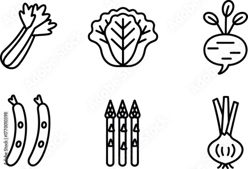 Minimalist line art icons of fresh vegetables for healthy eating and culinary designs vector