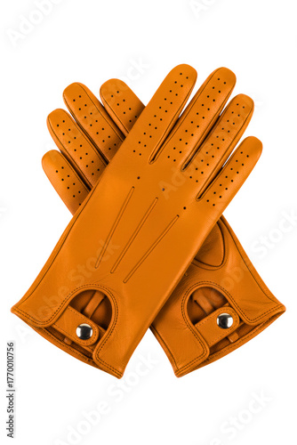 Pair of stylish orange leather perforated vintage driving gloves isolated on a transparent background