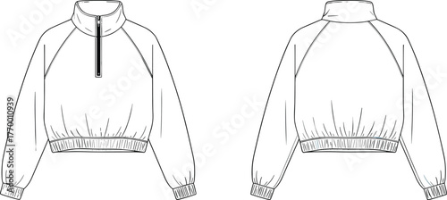 Men’s pullover fashion sketch, long sleeve garment design, high collar apparel, half zipper clothing style, CAD drawing, flat vector illustration