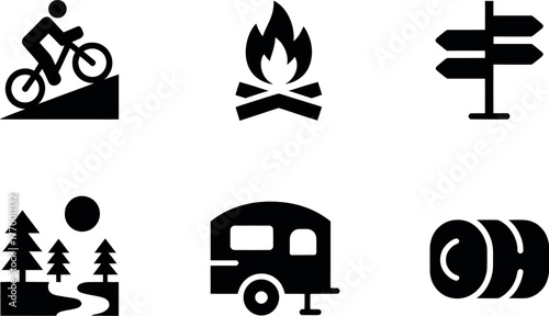 Set of six black and white minimalist icons representing outdoor adventure and camping activities vector