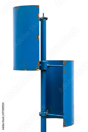 Blue metal vertical-axis wind turbine for renewable energy isolated on a transparent background