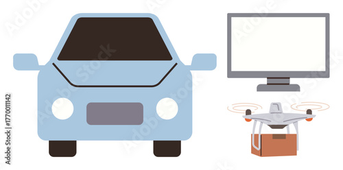Self-driving car, delivery quadcopter carrying a package, and computer monitor. Ideal for innovation, automation, future tech, AI, logistics smart systems modern solutions. Simple flat metaphor