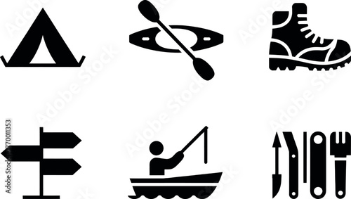 Set of six black and white camping and outdoor activity icons for adventure and recreation vector