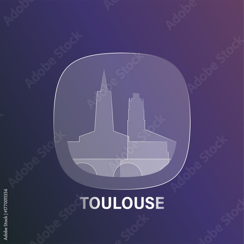 Toulouse, France: icon and logo prototype with glass liquid effect. Flat emblem with shapes of landmarks. Concept for mobile app, sticker, web element