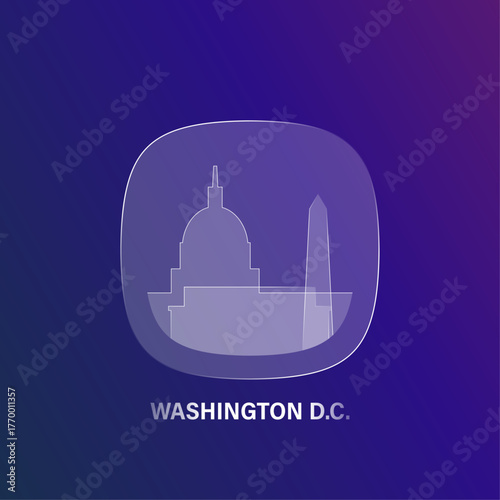 Washigton, USA capital: icon and logo prototype with glass liquid effect. Flat emblem with shapes of landmarks. Concept for mobile app, sticker, web element