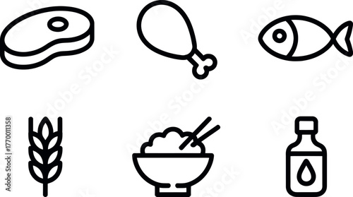 Set of six minimalist food icons steak chicken leg fish wheat bowl rice chopsticks and oil bottle outline vector