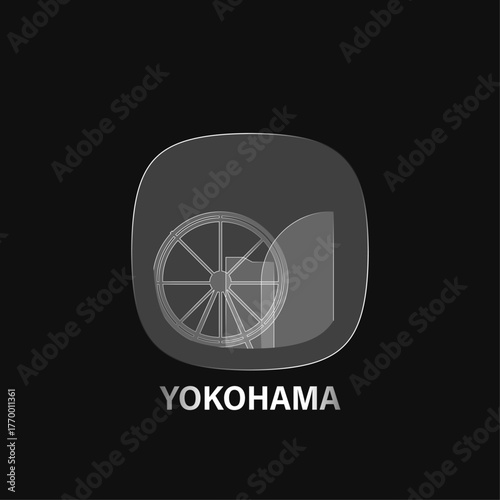 Yokohama, Japan: icon and logo prototype with glass liquid effect. Flat emblem with shapes of landmarks. Concept for mobile app, sticker, web element