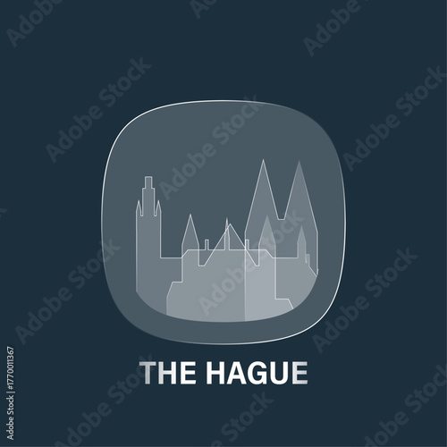 The Hague, Netherlands: icon and logo prototype with glass liquid effect. Flat emblem with shapes of landmarks. Concept for mobile app, sticker, web element