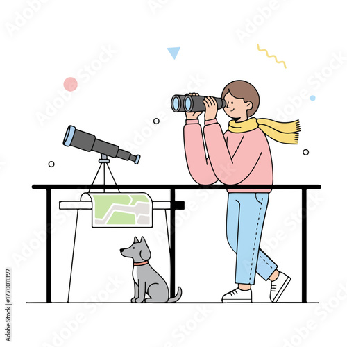 Cute observer looking with binoculars at telescope with dog and map exploration