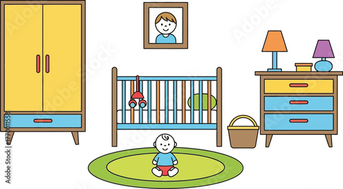 Illustrated baby room with crib wardrobe and dresser vector graphic