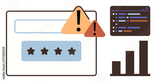 Password input box with warning symbols, code snippet window, and bar chart indicating cybersecurity, software failure, or analysis trends. Ideal for tech, data, risk, security UX themes simple