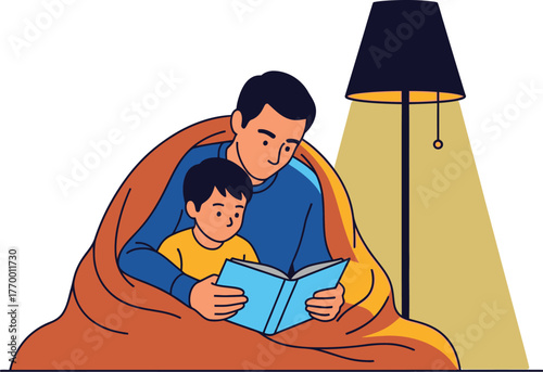Father and son reading book together under blanket illustration art
