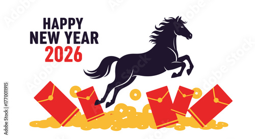 A vibrant illustration for Happy New Year 2026 featuring a black horse jumping over red envelopes and gold coins, symbolizing good fortune and prosperity.