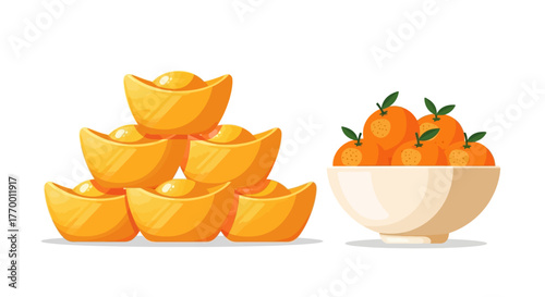 A vibrant illustration featuring gold ingots stacked and a bowl of fresh oranges, symbolizing prosperity.