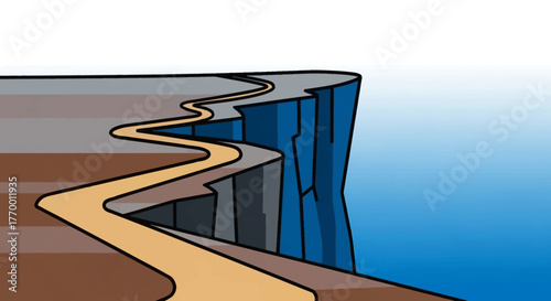A winding path runs along the edge of a steep cliff overlooking the water in a minimalist illustration.