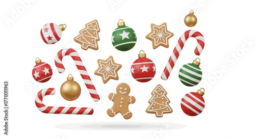 Joyful mix of christmas ornaments and delicious gingerbread cookies, perfect for holiday season designs and festive decorations.