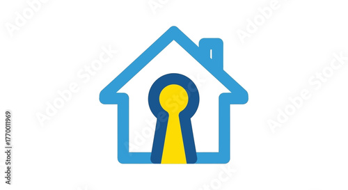 blue house keyhole icon representing home security safe property access privacy protection and smart home technology solutions.