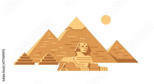 Egyptian pyramids and the sphinx under a sun. Suitable for travel brochures, historical websites, and educational materials on ancient egypts iconic landmarks.
