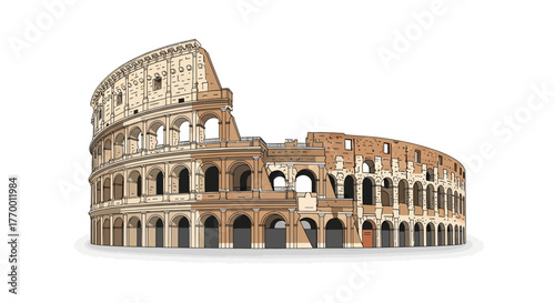 A detailed illustration of the Colosseum in Rome, showcasing its iconic arches and weathered stone structure.
