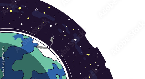 An astronaut walks on the curved surface of a stylized Earth, surrounded by a vast, star-filled cosmic sky.
