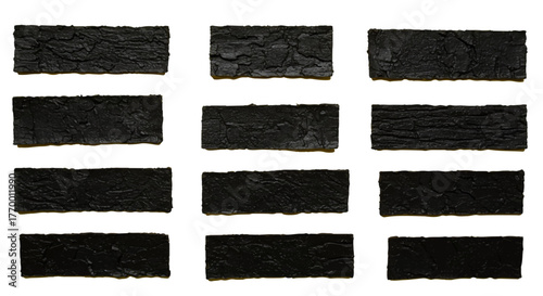 black textured rectangular blocks in a grid on white showcasing rugged patterns for architecture and industrial design.