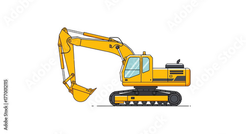 A yellow excavator with a long arm and bucket is depicted against a white background.