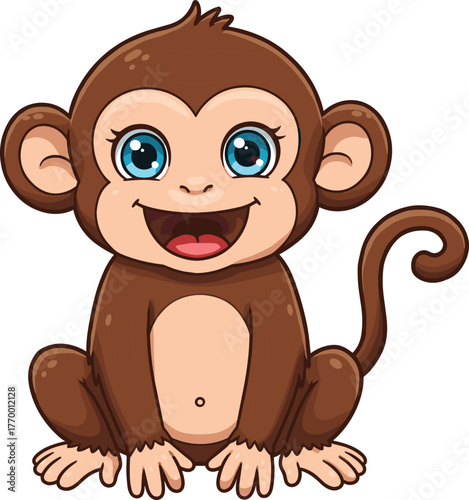 Canvas Print Cartoon monkey sitting with big eyes, playful primate character illustration, ch