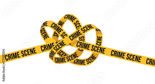 Tangled yellow crime scene investigation tape isolated on a white background.