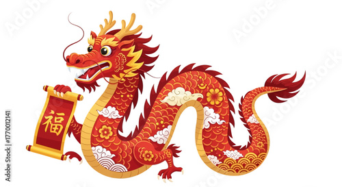 A vibrant red and gold Chinese dragon holding a scroll with the character for good fortune, symbolizing prosperity and celebration.