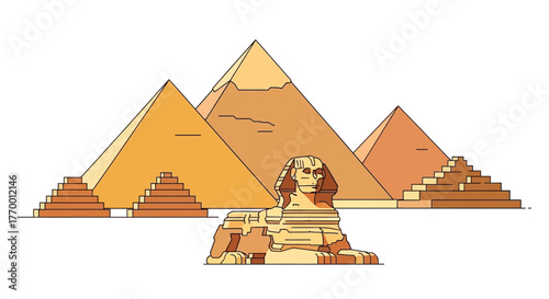 Illustration of the Great Pyramids of Giza with the Sphinx in the foreground, Egypt.