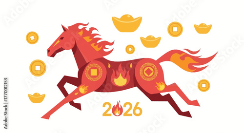 Stylized red fire horse, the Chinese zodiac symbol for 2026, surrounded by gold coins and ingots.