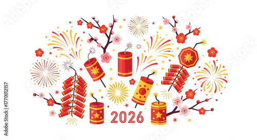 A festive illustration of Chinese New Year celebrations in 2026, featuring firecrackers, fireworks, and blooming cherry blossoms.
