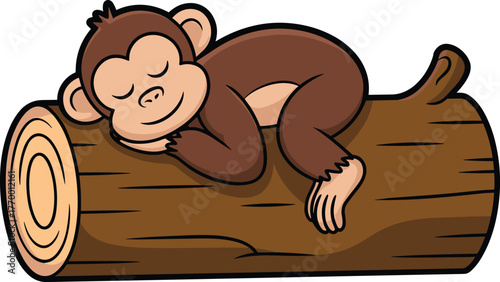 Cartoon monkey sleeping on tree log, peaceful animal pose, cute jungle illustration, calm forest scene, relaxed character, white background art