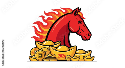 Vibrant illustration of a red horse head with fiery mane, surrounded by golden ingots, representing the year 2026.