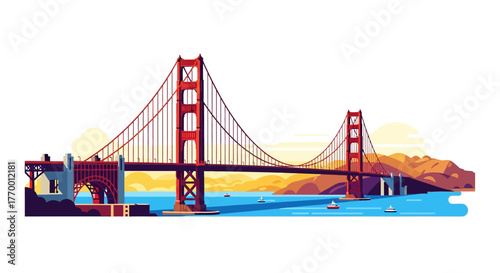 A vibrant illustration of the iconic Golden Gate Bridge spanning across a body of water with hills in the background.