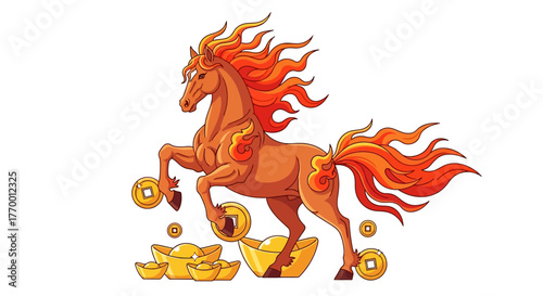 Golden chinese horse symbolizing good luck with coins and gold ingots for prosperity and wealththemed designs and cultural celebrations visuals.